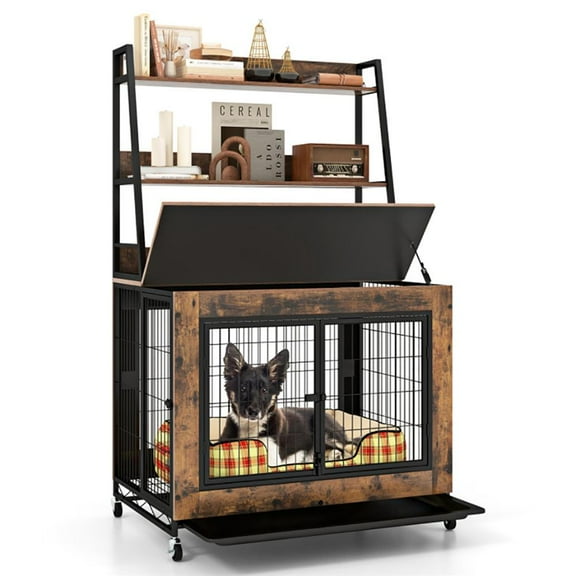 GVN Dog House, Dog Shelter,Industrial Dog Kennel Dog Crate Furniture with Storage Shelves-Rustic Brown