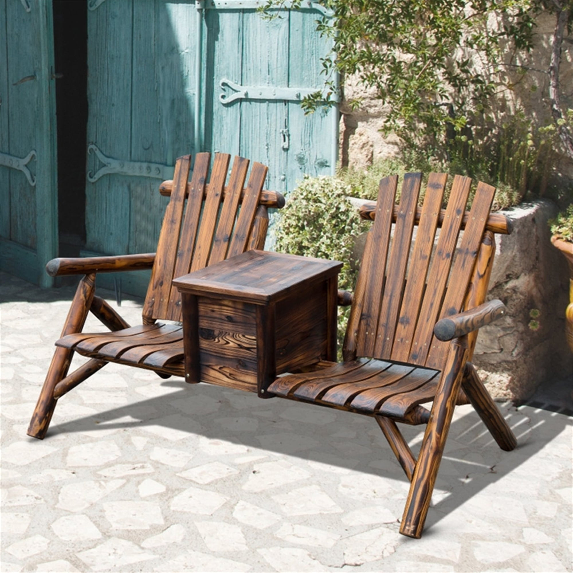 GVN Double Wooden Chair Loveseat with Ice Bucket, Outdoor Compact Wood Table and High Backrest and Chairs with Storage Tea Table, Smooth Armrest, Rustic Brown GVN Double Wooden Chair Loveseat with Ice Bucket, Outdoor Compact Wood Table and High Backrest and Chairs with Storage Tea Table, Smooth Armrest, Rustic Brown