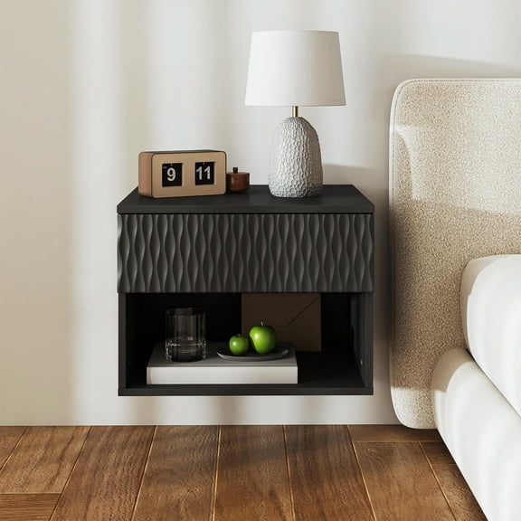 GVN Double-mounted Nightstand with Wave Design and Support Up 55lbs, Bedside Table with Smooth Soft-Close Drawer for Bedroom, Living Room, Entryways, Black, Set of 2