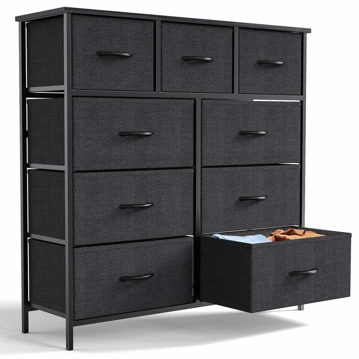 GVN Dresser, Chest of Drawers,Tall 9 Drawers Dresser Fabric Storage Tower, Wooden Top for Kid Room, Closet, Entryway, Nursery, Black