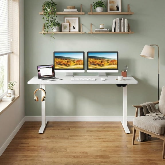 GVN Electric Height Adjustable Standing Desk Large Sit Stand Table with 3 Memory Height Functions for Home Office Modern Workstation, White