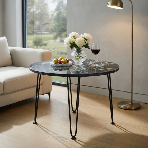 GVN End & Side Tables,Round Coffee Table with Thickened Tabletop and Metal Tripod Legs-Black