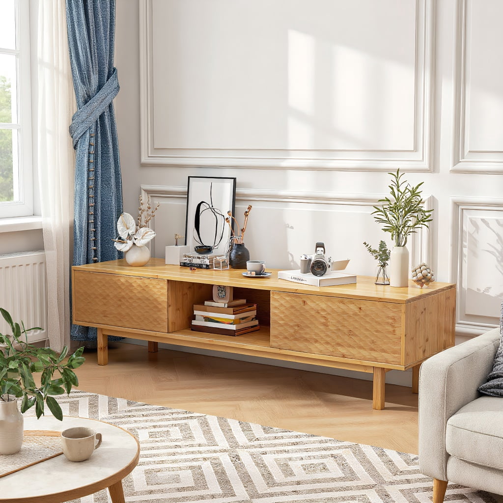 GVN Entertainment Centers & TV Stands,63 Inches Mid Century Modern Bamboo TV Stand with Sliding Doors-Natural
