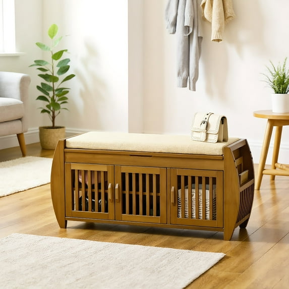 GVN Entryway Bench,Shoe Bench, Shoe Bench with Seating Cushion, 3 Doors, Side Rack and Hidden Compartment for Hallway, Brown