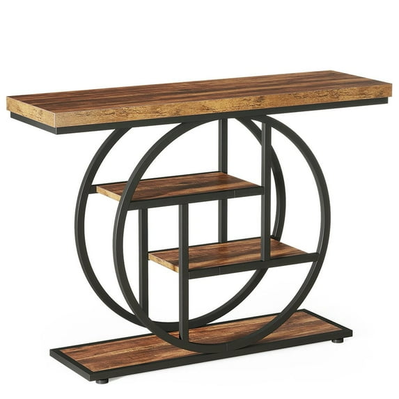 GVN Entryway Table, Side Table, Display Table,41.3" Console Table, Industrial 4-Tier Sofa Entryway Table with Circle Base, Rustic Brown