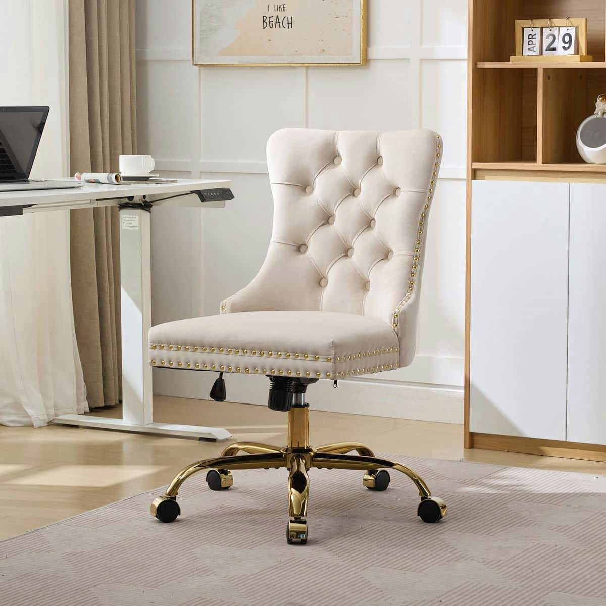 GVN Ergonomic Computer Chair, Home Office Desk Chairs,Office Chair with Golden Metal Base, Adjustable Desk Chair Swivel Office Chair (Beige)