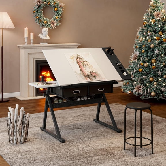 GVN Ergonomic Drawing Desk with 2 Storage Drawers & Included Stool for Home Office or Studio, White