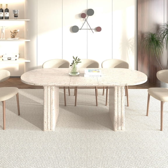 GVN Expandable Oval Dining Table with Wood Strip Base Accommodates 4-8 People Ideal for Kitchen Living Room, Beige