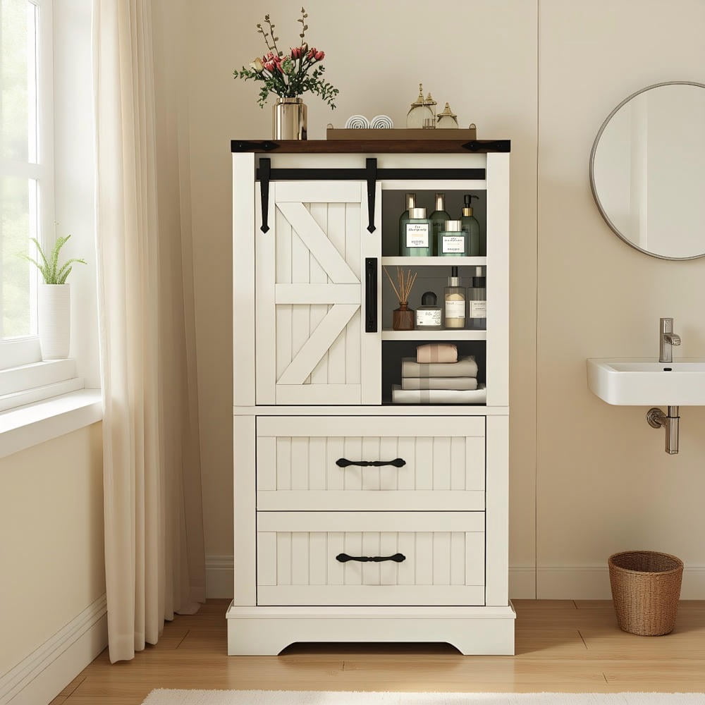 GVN Farmhouse Bathroom Floor Cabinet Freestanding Wooden Storage Organizer for Rustic Bathroom Vanity Toilet Towels Laundry Room Home Storage Furniture, White
