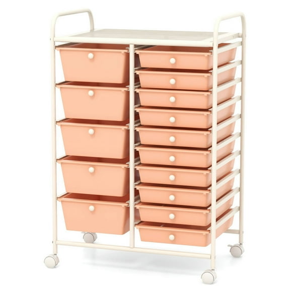 GVN File Cabinets,15-Drawer Utility Rolling Organizer Cart Multi-Use Storage-Peach