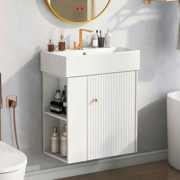 GVN Floating Bathroom Vanity, Wall Mounted Vanity, 21.6" Modern Floating Bathroom Vanity with Ceramic Basin, Left Side Storage, White