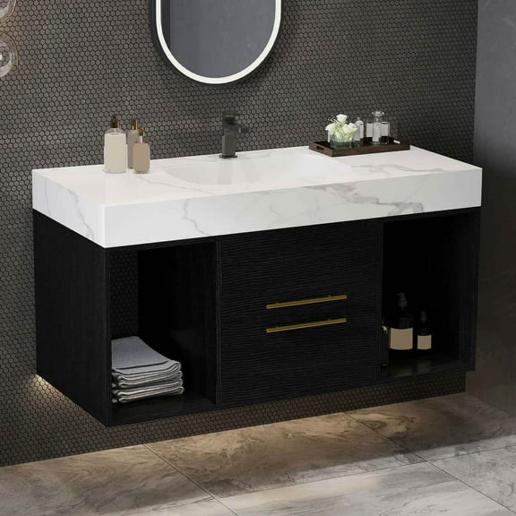 GVN Floating Bathroom Vanity, Wall Mounted Vanity, 39.4" Bathroom Vanities with Ceramic Sink, Wall Mounted Storage Cabinet with 2 Drawers, Black