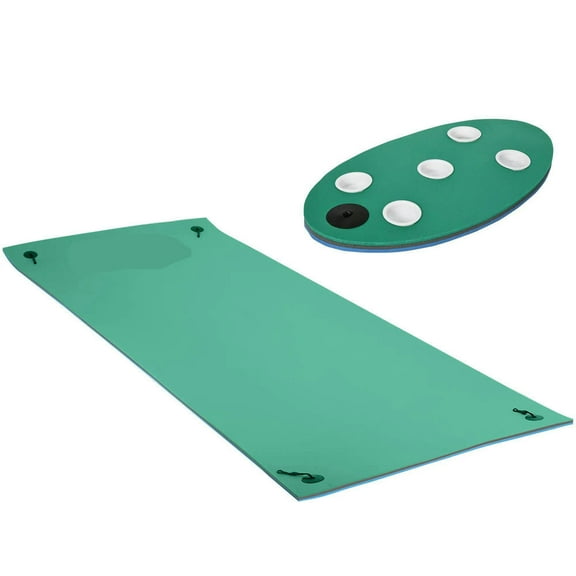 GVN Floating Water Pad Mat, 12' x 5' Lily Pad Floating Mat with Cup Holder Table, 3-Layer Portable Roll-Up Water Mat Float Dock, Green