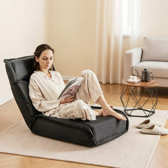 GVN Floor Chairs,Folding Floor Chair Convertible Lazy Chair with 14-Poistion Adjustable Backrest-Black