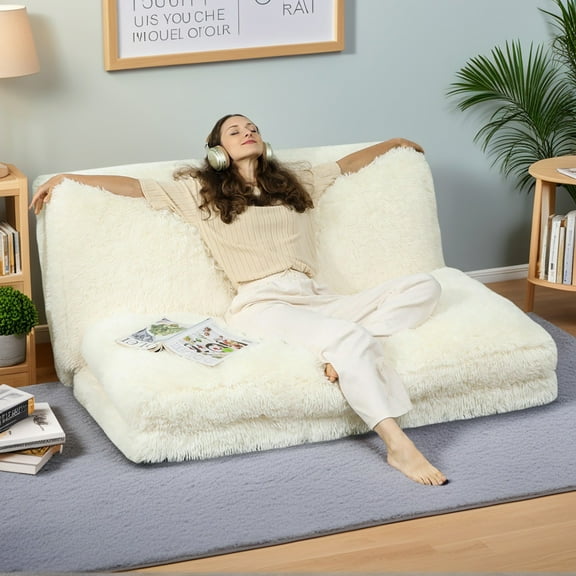 GVN Floor Couch Sofa,Bean Bag Floor Sofa Bed, Contemporary Plush Wide Folding Floor Mattress, Cream White