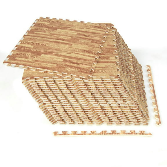 GVN Floor Mat Tiles,12 Tiles Wood Grain Foam Floor Mats with Borders