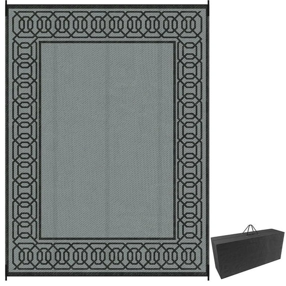 GVN Floor Rug,Indoor Door Mat,Reversible Outdoor Rug, 9'x 12' Waterproof Straw Floor Mat, Portable RV Camping Carpet, Black & Gray Border
