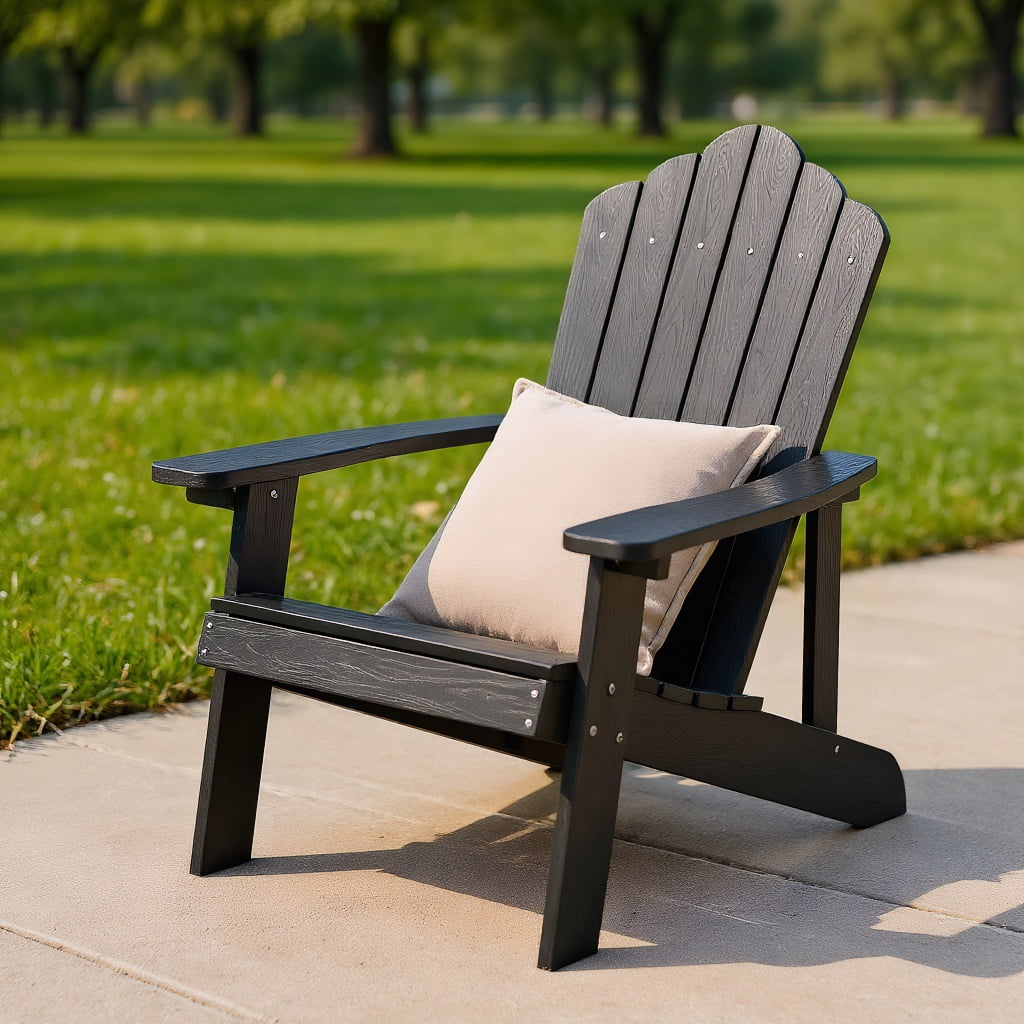 GVN Folding Adirondack Chair, Weather Resistant HIPS Outdoor Adirondack Chair with Cup Holder-Black, Modern Folding Adirondack Chair for Deck, Backyard, Garden