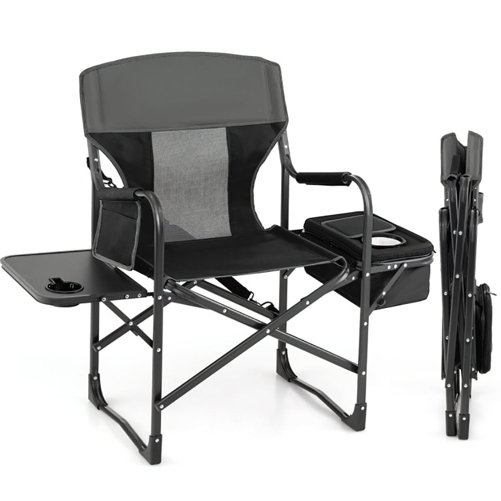 GVN Folding Camping Directors Chair with Cooler Bag and Side Table-Black, Outdoor Camping Chairs for Adult Hiking Fishing Beach