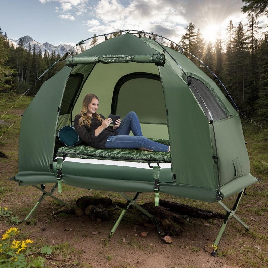 GVN Folding Camping Tent with Air Mattress, Polyester
