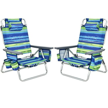 GVN Folding Chair, Patio Chair,2-Pack Folding Backpack Beach Chair 5-Position Outdoor Reclining Chairs with Pillow-Blue