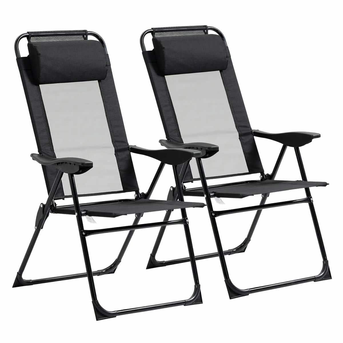 GVN Folding Chairs Patio Chairs Lawn Chair,Folding Patio Dining Chairs Set of 2 with Adjustable Sling Back, Camping Chair with Removable Headrest, Black