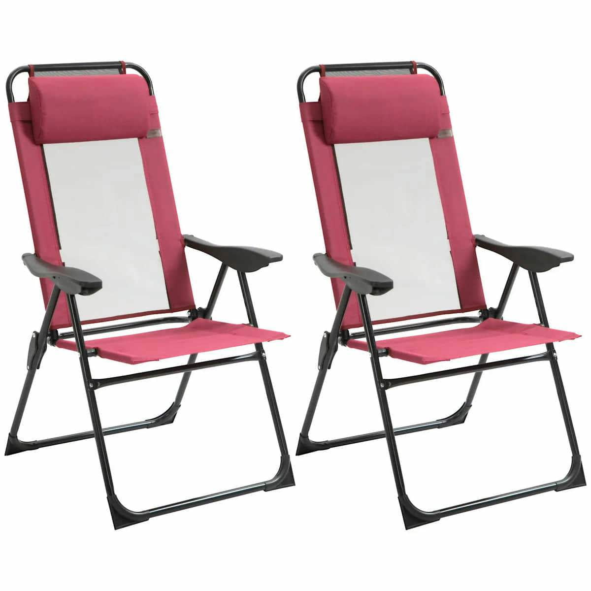 GVN Folding Chairs Patio Chairs Lawn Chair,Folding Patio Dining Chairs Set of 2 with Adjustable Sling Back, Camping Chair with Removable Headrest, Red