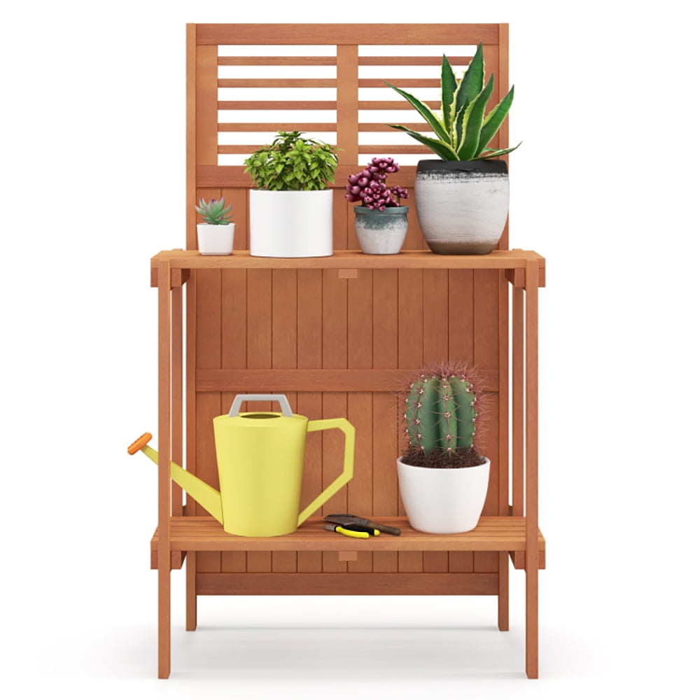 GVN Folding Garden Potting Bench with 2-tier Storage Shelves and Teak Oil Finish for Garden Yard Balcony, Wood Potting Bench with Storage Shelf