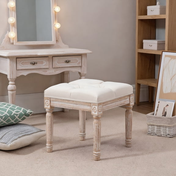 GVN Footrest Ottoman, Footstool,Ottoman Bench Vintage Footrest w/ Button Tufted Seat, Carved Wooden Legs, Beige