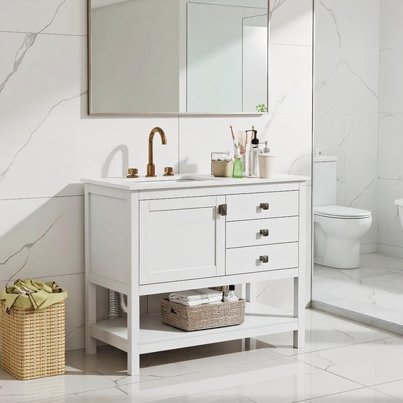 GVN Freestanding Bathroom Cabinet with Sink and Floor Storage, Compact Vanity Unit for Small Space, Modern Bathroom Furniture, White