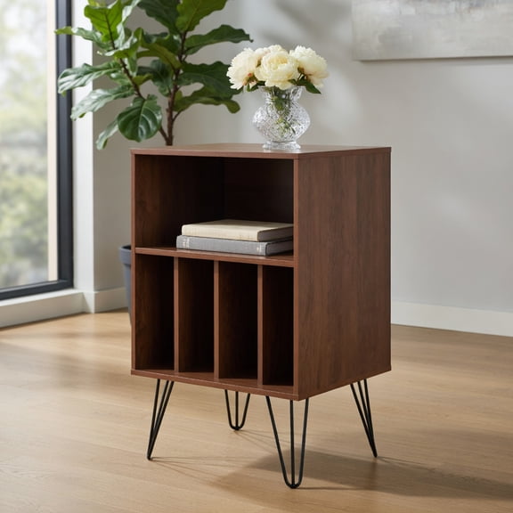 GVN Freestanding Record Player Stand Record Storage Cabinet with Metal Legs-Coffee, Rolling Storage Cart, Multipurpose Organizer Cart for Home, Office, School