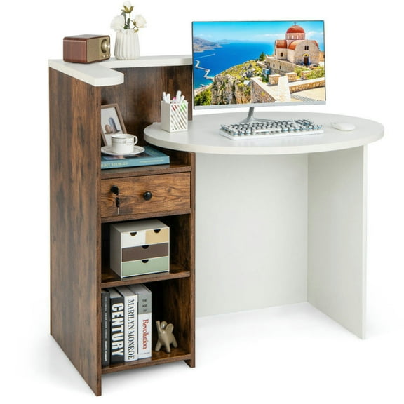GVN Front Reception Office Desk with Open Shelf and Lockable Drawer-Rustic Brown, Desk for Bedroom, Gaming Computer Desks for Study,Working,Writing