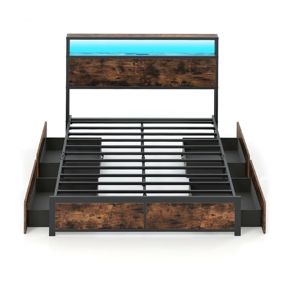 GVN Full Size LED Sturdy Bed Frame with Charging Station and 4 Storage Drawers, Bedroom Platform Bed Frame for Bedroom, Apartment, Brown
