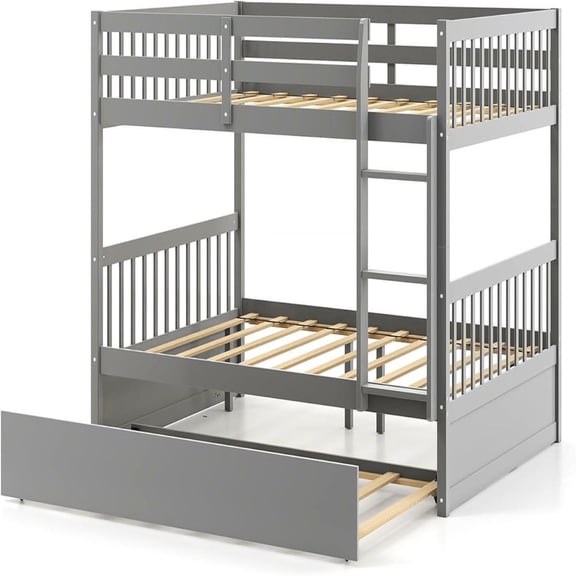 GVN Full over Full Sturdy Bed Bunk Frame with Ladder, Bedroom Platform Bed Frame for Bedroom, Apartment, Guest Room, Gray