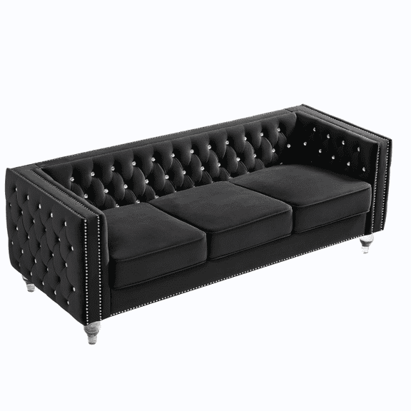 GVN Futon Couch, Sofa Loveseat, Lazy Sofa,Black, Three-seater Sofa with Removable Cushion and Two Plush Pillow