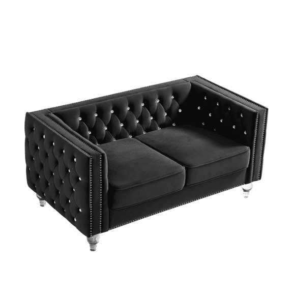 GVN Futon Couch, Sofa Loveseat, Lazy Sofa,Black, Two-seater Sofa with Crystal Feet, Removable Cushion, Two Plush Pillow