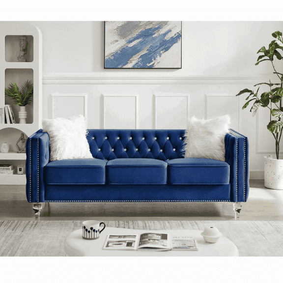 GVN Futon Couch, Sofa Loveseat, Lazy Sofa,Navy Blue, Three-seater Sofa with Removable Cushion and Two Plush Pillow