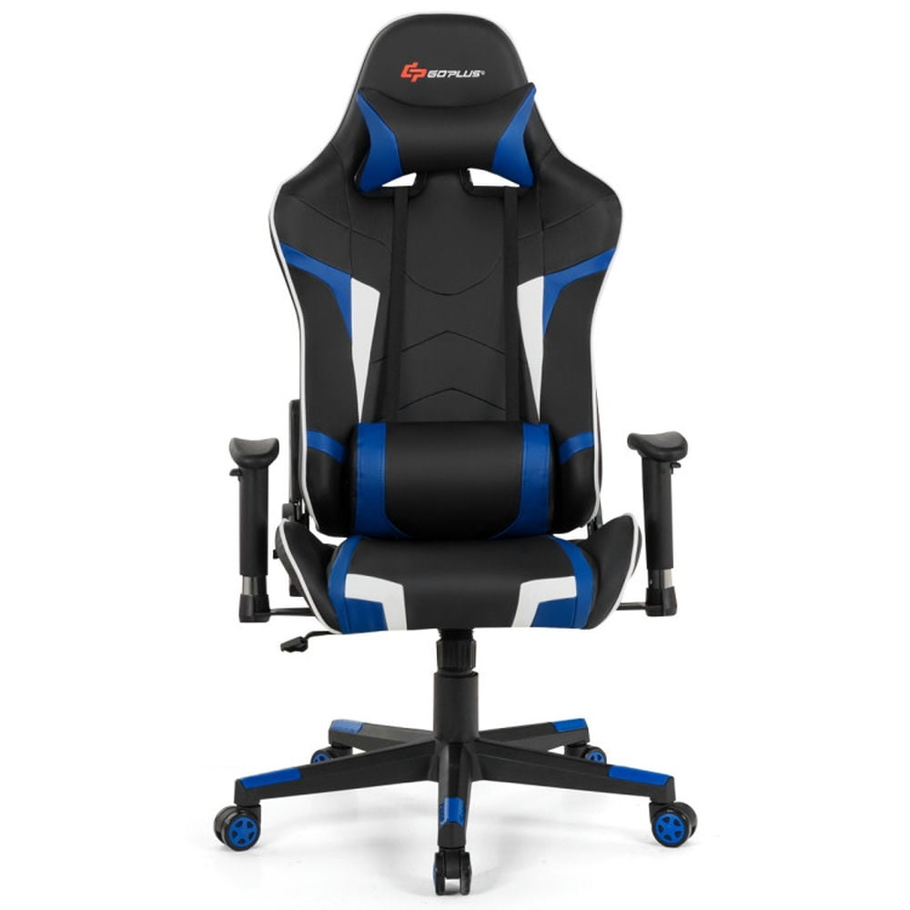 Blue and Black Faux Leather Ergonomic Gaming Chair with Adjustable Arms