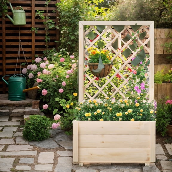 GVN Garden Bed Planter, Raised Garden Bed,Raised Garden Bed Wooden Elevated Planter Box with Lattice Trellis-S