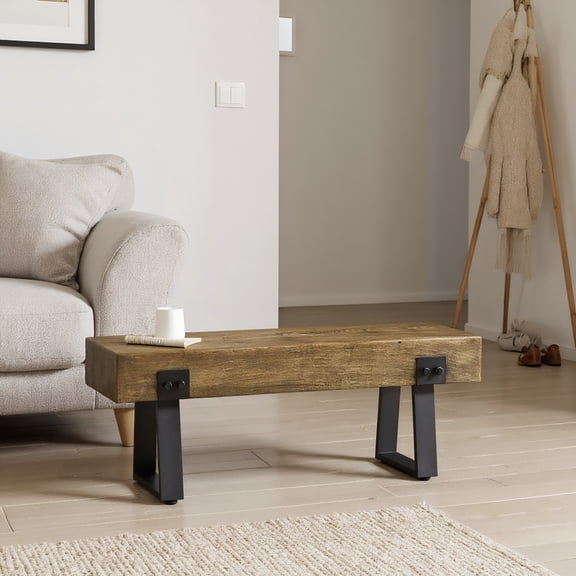 GVN Garden Bench with Metal Legs, Rustic Wood Effect Concrete Entryway Bench, End of Bed Bench, Natural and Black