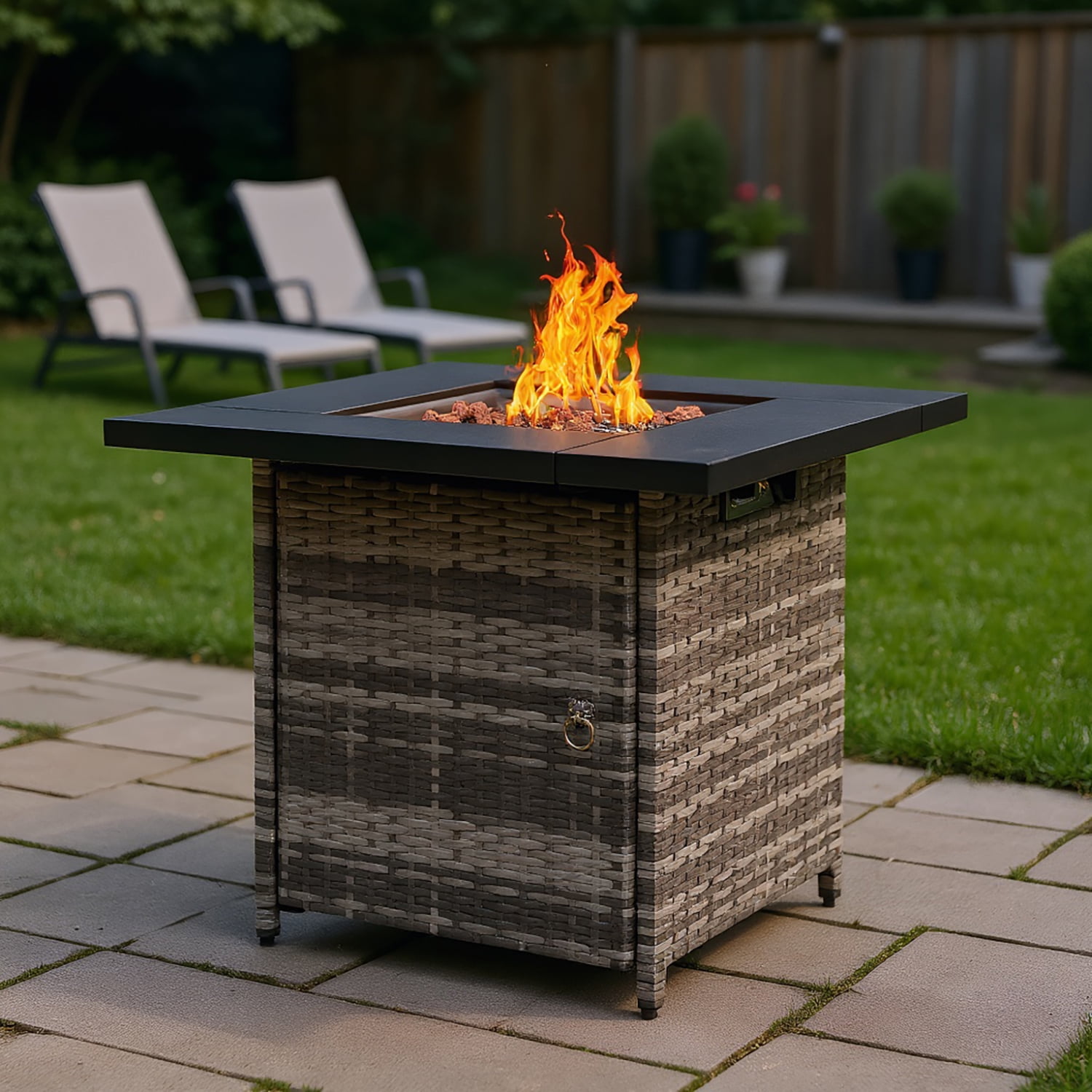 GVN Garden Fire Pit Table, Outdoor Fire Pit Table, 28" Fire Table, 50000 BTU Gas Firepit with Volcanic Stone, Black