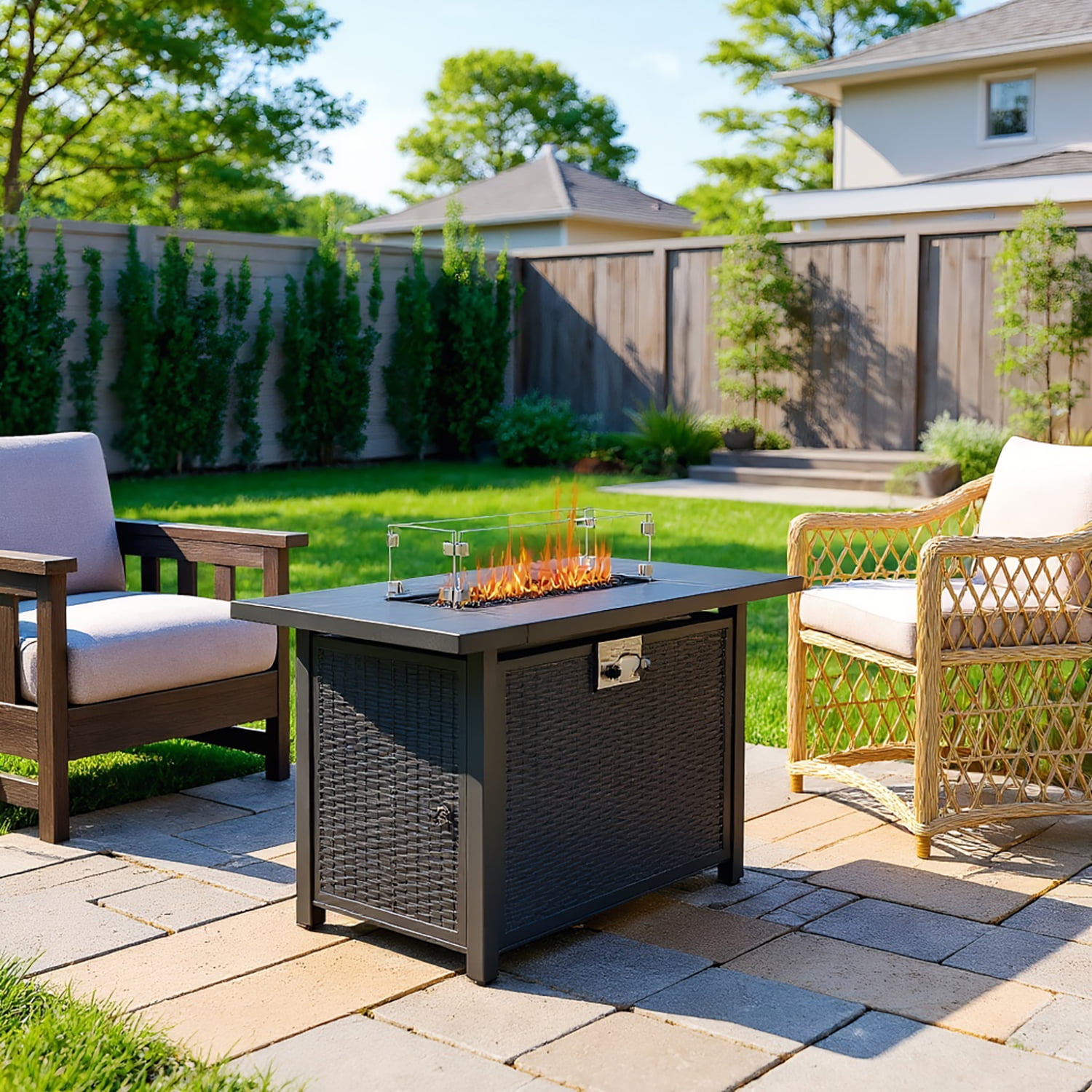 GVN Garden Fire Pit Table, Outdoor Fire Pit Table, 43" Fire Table, 50000 BTU Gas Firepit with Volcanic Stone, Black