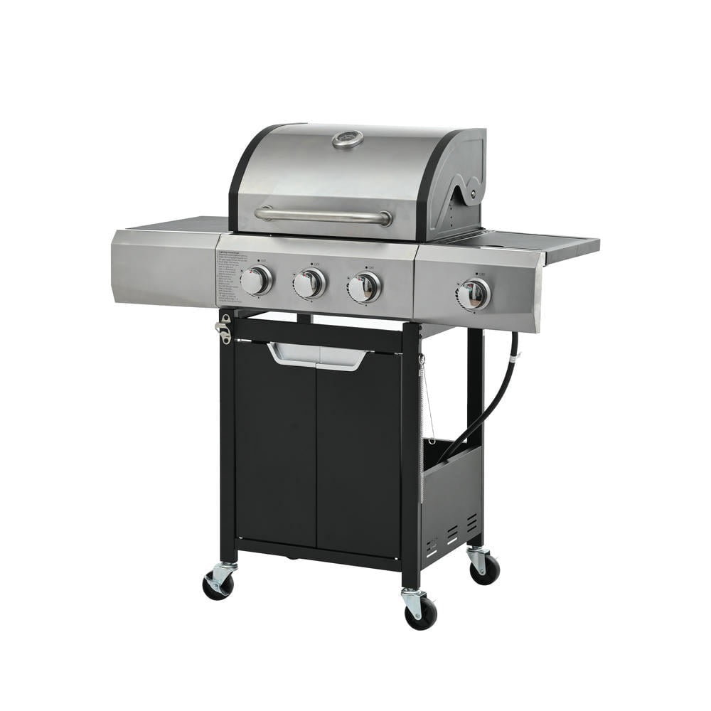 GVN Garden Grill with 3 Burner and Side Burner, Patio Backyard Barbecue Grill for Outdoor, BBQ, Camping, Silver