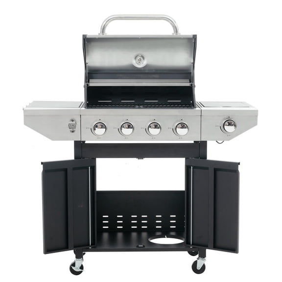 GVN Garden Grill with Side Burner and 46,500 BTU, Patio Backyard Barbecue Grill with 4 Burner for Outdoor Cooking, Patio, Black and Silver