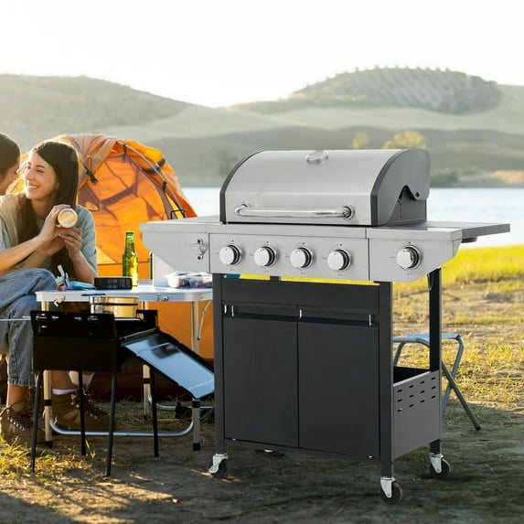 GVN Garden Grill with Side Burner and 46,500 BTU, Patio Backyard Barbecue Grill with 4 Burner for Outdoor Cooking, Patio, Black and Silver