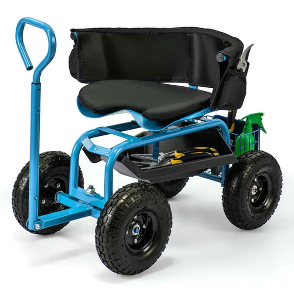 GVN Garden Wagon Cart,Utility Grocery Wagon,Cushioned Rolling Garden Cart Scooter with Storage Basket and Tool Pouch-Blue