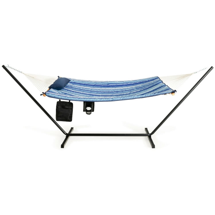 GVN Hammock Chair Stand Set Cotton Swing with Pillow Cup Holder Indoor Outdoor, Outdoor Hammock, Portable Hammock for Camping, Picnic, Backyard, Blue GVN Hammock Chair Stand Set Cotton Swing with Pillow Cup Holder Indoor Outdoor, Outdoor Hammock, Portable Hammock for Camping, Picnic, Backyard, Blue