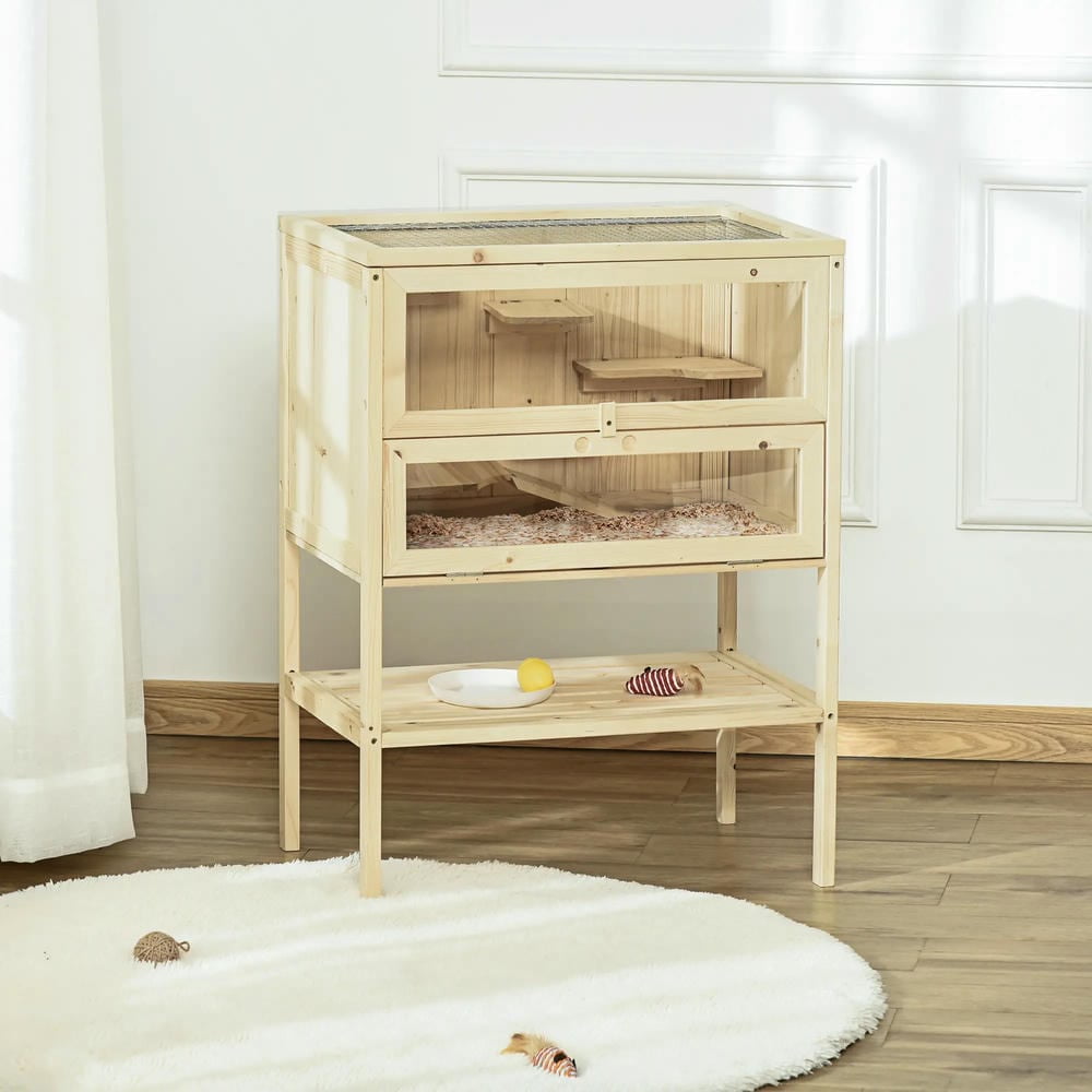 GVN Hamster Cage, Small Hamster Habitat,3-Tier Wooden Hamster Cage Mice and Rat Cage with Openable Top, Front Door, Shelf, Natural