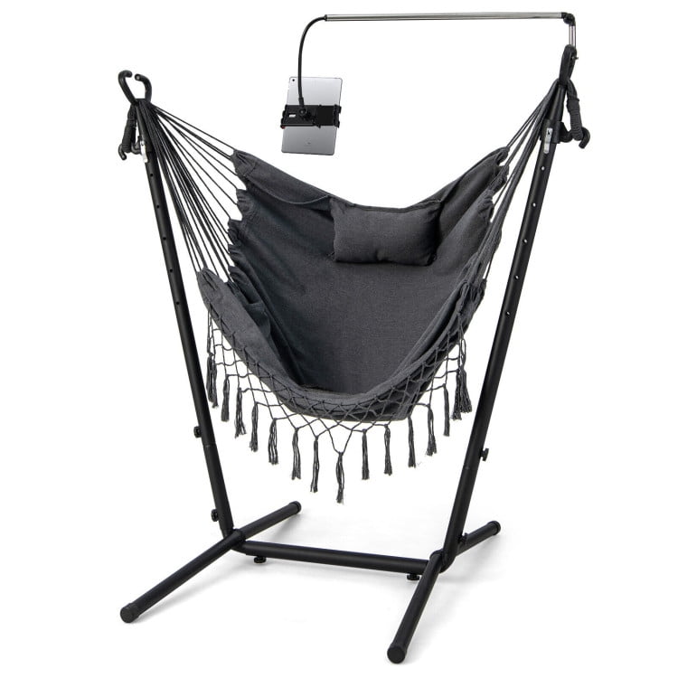 GVN Height Adjustable Hammock Chair with Phone Holder and Side Pocket-Gray, Hanging Hammock Chair, Use Indoor, Outdoor, Chair, Patio, Porch, Garden, Meditation