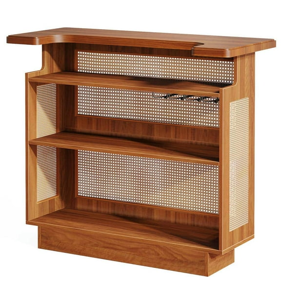 GVN Home Bar Cabinet, Bar Coffee Bar Cabinet,Rattan Home Bar Unit, 4-Tier Liquor Wine Bar Cabinet with Stemware Racks